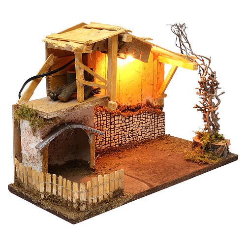 Nordic style hut with fence and lighting for Nativity scenes of 13 cm 30x40x20 cm 2