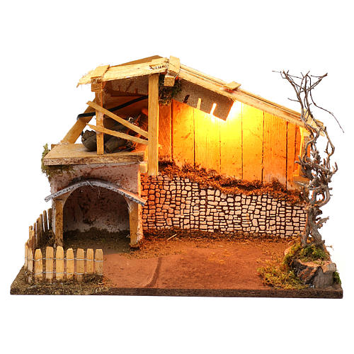 Cabana estilo nórdico com cerca iluminada 30x40x20 cm para presépio com figuras de 13 cm de altura média 1