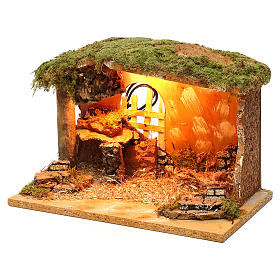 Stalla con mangiatoia in sughero ed illuminazione 20x30x20 cm per presepi 12 cm 