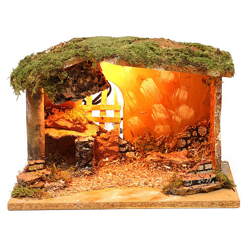 Stable with manger in cork and lighting 20x30x20 cm, for 12 cm nativity 1