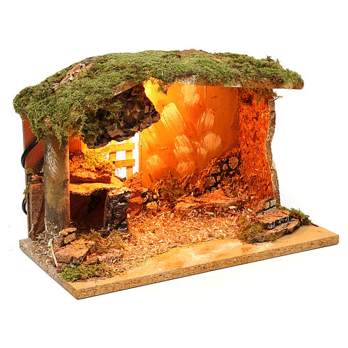Stable with manger in cork and lighting 20x30x20 cm, for 12 cm nativity 3