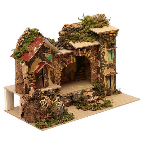 Borgo con stalla centrale e case 25x30x20 cm per presepi di 6 cm  2