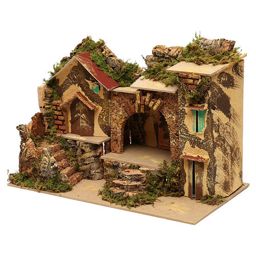 Borgo con stalla centrale e case 25x30x20 cm per presepi di 6 cm  3