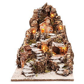 Borgo incavato in una montagna 35x30x40 cm illuminato presepe napoletano 4 cm