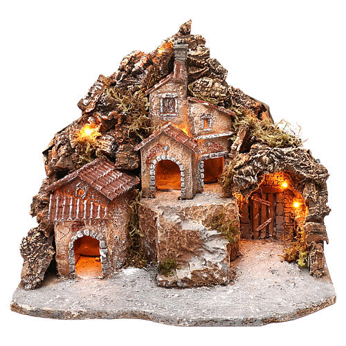 Village with cave and mountain, 30x40x30 cm lighted Neapolitan nativity 4-6 cm 1