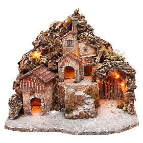 Podświetlana wioska z grotą i górą, 30x40x30 cm, szopka neapolitańska 4-6 cm