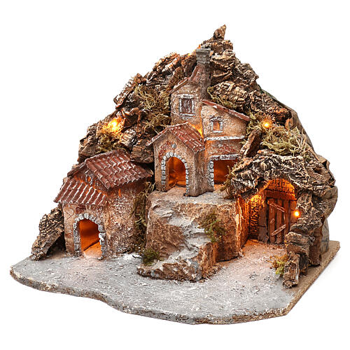 Village with cave and mountain, 30x40x30 cm lighted Neapolitan nativity 4-6 cm 2