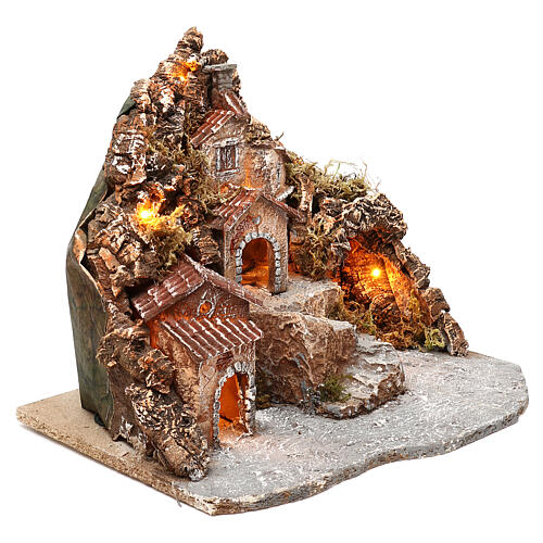 Village with cave and mountain, 30x40x30 cm lighted Neapolitan nativity 4-6 cm 3