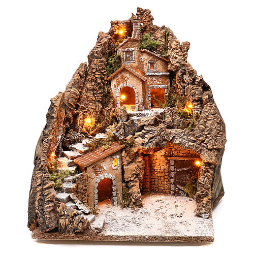 Neapolitan nativity village lighted 4-6 cm side staircase hallowed in mountain, 40x30x40 cm 1