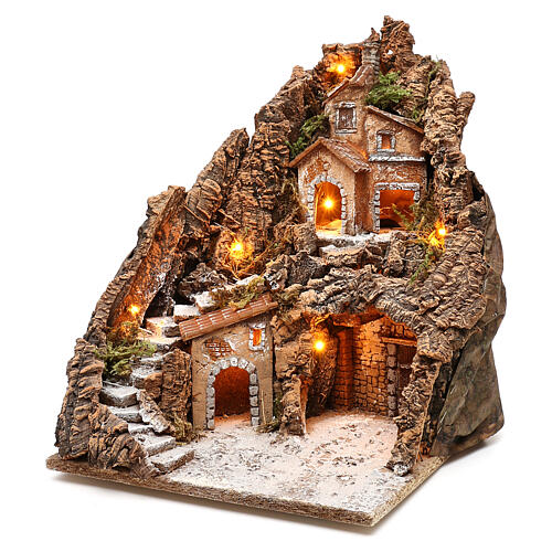 Neapolitan nativity village lighted 4-6 cm side staircase hallowed in mountain, 40x30x40 cm 2