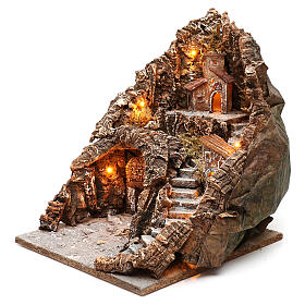 Illuminated Village with side stairs right stable backdoor 35x35x35 cm Neapolitan 4-6 cm