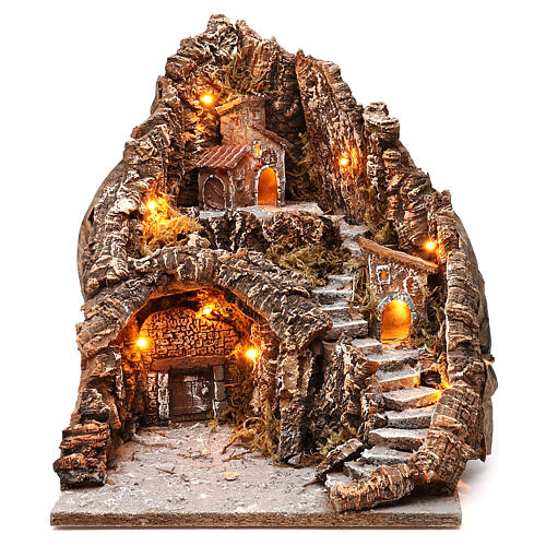 Illuminated Village with side stairs right stable backdoor 35x35x35 cm Neapolitan 4-6 cm 1