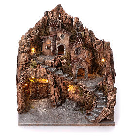 Neapolitan nativity village with side stairs and center fountain, 40x40x40 lighted 4-6-8 cm