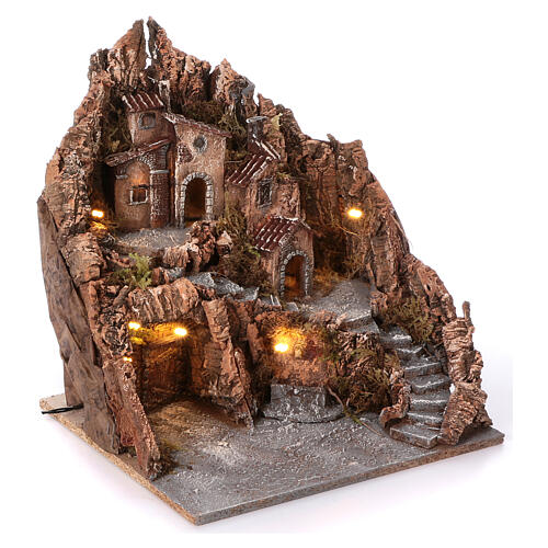 Neapolitan nativity village with side stairs and center fountain, 40x40x40 lighted 4-6-8 cm 3