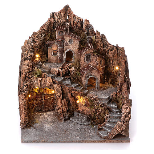 Neapolitan nativity village with side stairs and center fountain, 40x40x40 lighted 4-6-8 cm 1