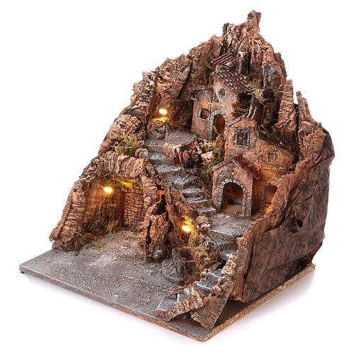 Neapolitan nativity village with side stairs and center fountain, 40x40x40 lighted 4-6-8 cm 2