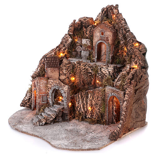 Mountain nativity village multi-level arch staircase fountain 75x85x50 cm lighted 6-8-10 cm 2