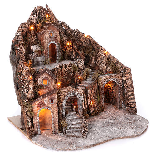 Mountain nativity village multi-level arch staircase fountain 75x85x50 cm lighted 6-8-10 cm 3