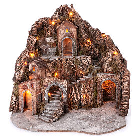 Mountain nativity village multi-level arch staircase fountain 75x85x50 cm lighted 6-8-10 cm
