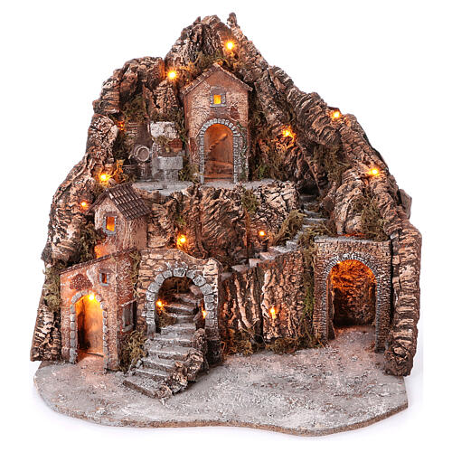 Mountain nativity village multi-level arch staircase fountain 75x85x50 cm lighted 6-8-10 cm 1