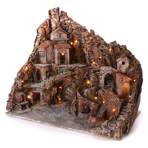 Village with fountain oven and stream 60x80x50 cm lighted Neapolitan nativity 10-12 cm 2