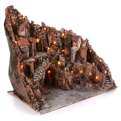 Village with fountain oven and stream 60x80x50 cm lighted Neapolitan nativity 10-12 cm 3