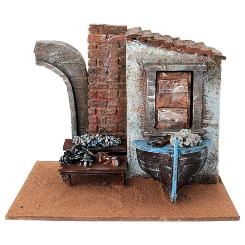 Cenário peixeiro com barco 15x20x15 cm para presépio com figuras de 10 cm de altura média 1