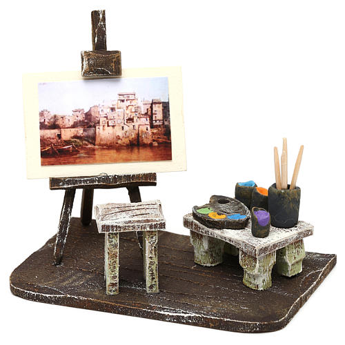 Atelier de pintor com cavalete 10x10x5 cm para presépio com figuras de 10 cm de altura média 2
