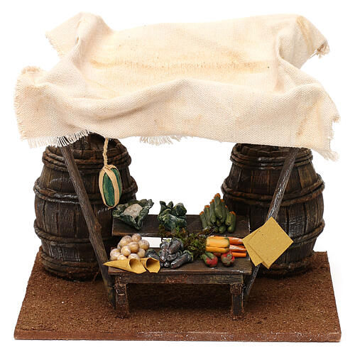 Miniature fruit stand with barrels and tent, 12 cm nativity 20x20x15 cm 1