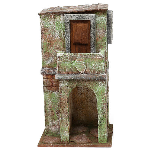 Maisonnette maçonnerie verte avec balcon et étable 25x15x10 cm crèche 10 cm 1