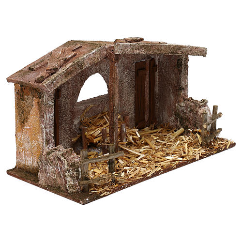 Shack with manger and two doors for 10 cm Nativity scene, 20x30x15 cm 3