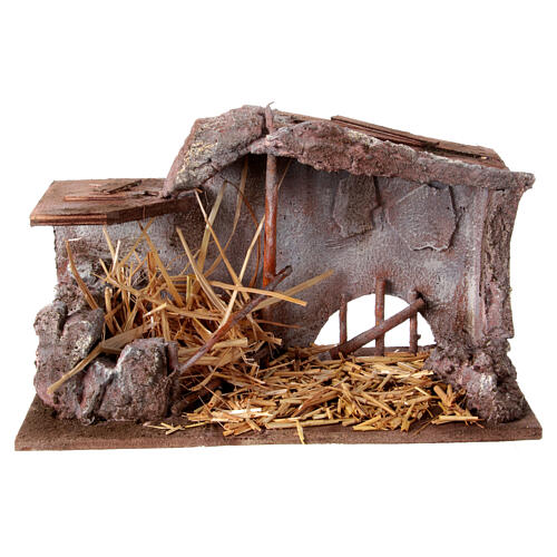 Shack with straw and manger for 12 cm Nativity scene, 20x35x20 cm 1