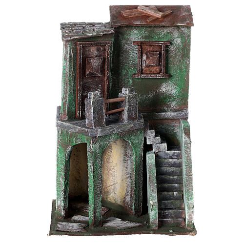 House with balcony, stairs and small stable for 10 cm Nativity scene, 30x20x15 cm 1