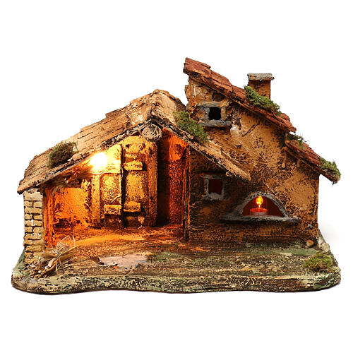 Stable with lights fire flame effect for Neapolitan nativity 40x25x25 cm 1