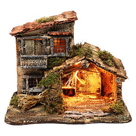 Hütte mit Licht und Haus für Krippe 35x25x30cm
