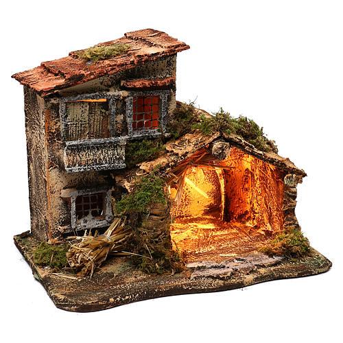 Hütte mit Licht und Haus für Krippe 35x25x30cm 3