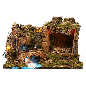 Settings, houses, workshops, wells: Nativity stable with lights, 50x30x35 cm Settings, houses, workshops, wells: Nativity stable with lights, 50x30x35 cm