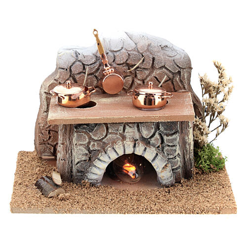 Miniature stove with pots and fire 15x10x10 cm, for 8-10 cm nativity 1
