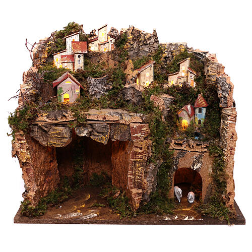 Miniature mountain village with lights grotto and barn, 9 cm nativity 1