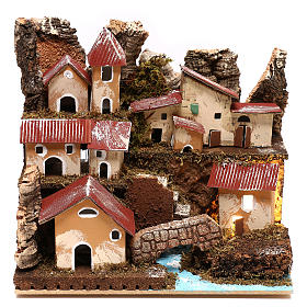 Cabanas e Grutas para Presépio: Aldeia iluminada com escada e ponte para presépio com figuras de 4 cm de altura média