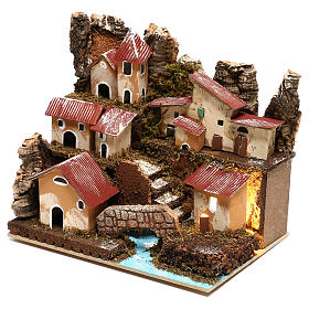 Cabanas e Grutas para Presépio: Aldeia iluminada com escada e ponte para presépio com figuras de 4 cm de altura média