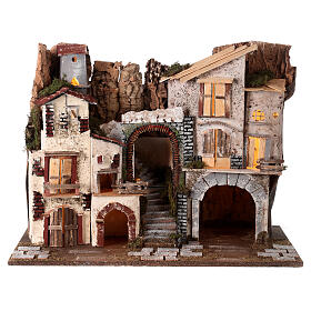 Village with staircase, lights and stable Nativity scenes 8 cm