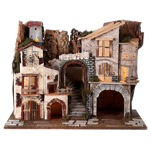 Village with staircase, lights and stable Nativity scenes 8 cm 1