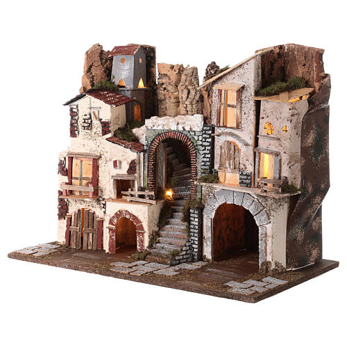 Village with staircase, lights and stable Nativity scenes 8 cm 2