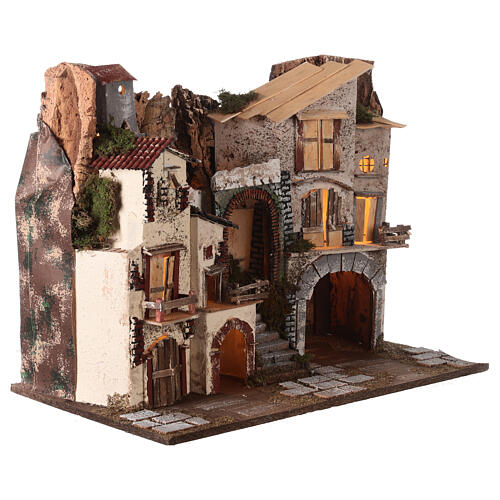 Village with staircase, lights and stable Nativity scenes 8 cm 3