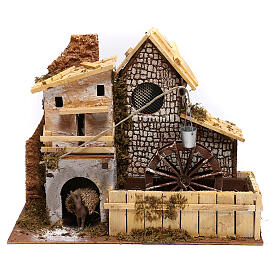 Miniature house with working mill and donkey, for 9 cm nativity