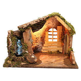 Hütte aus Holz mit Wasserfall für Krippen, 14 cm