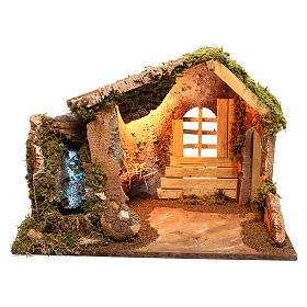 Capanna in legno con cascata laterale funzionante presepe 14 cm