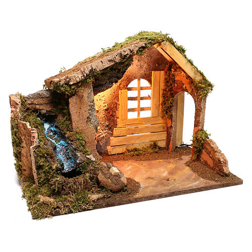 Cabana de madeira com cascada lateral eléctrica para presépio com figuras de 14 cm de altura média 3