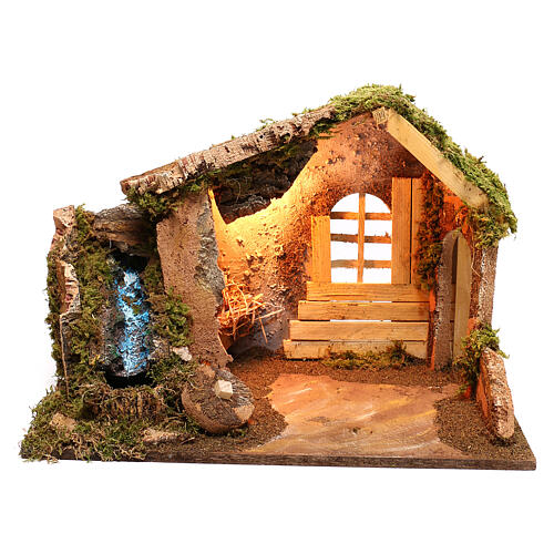 Wooden nativity stable with miniature waterfall, 14 cm nativity 1